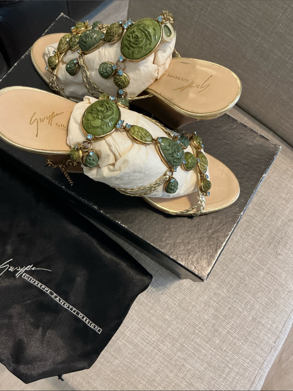 Giuseppe Zanotti Gold Wedge Mules with Olive Green Gem Accents - Picture 2 of 3
